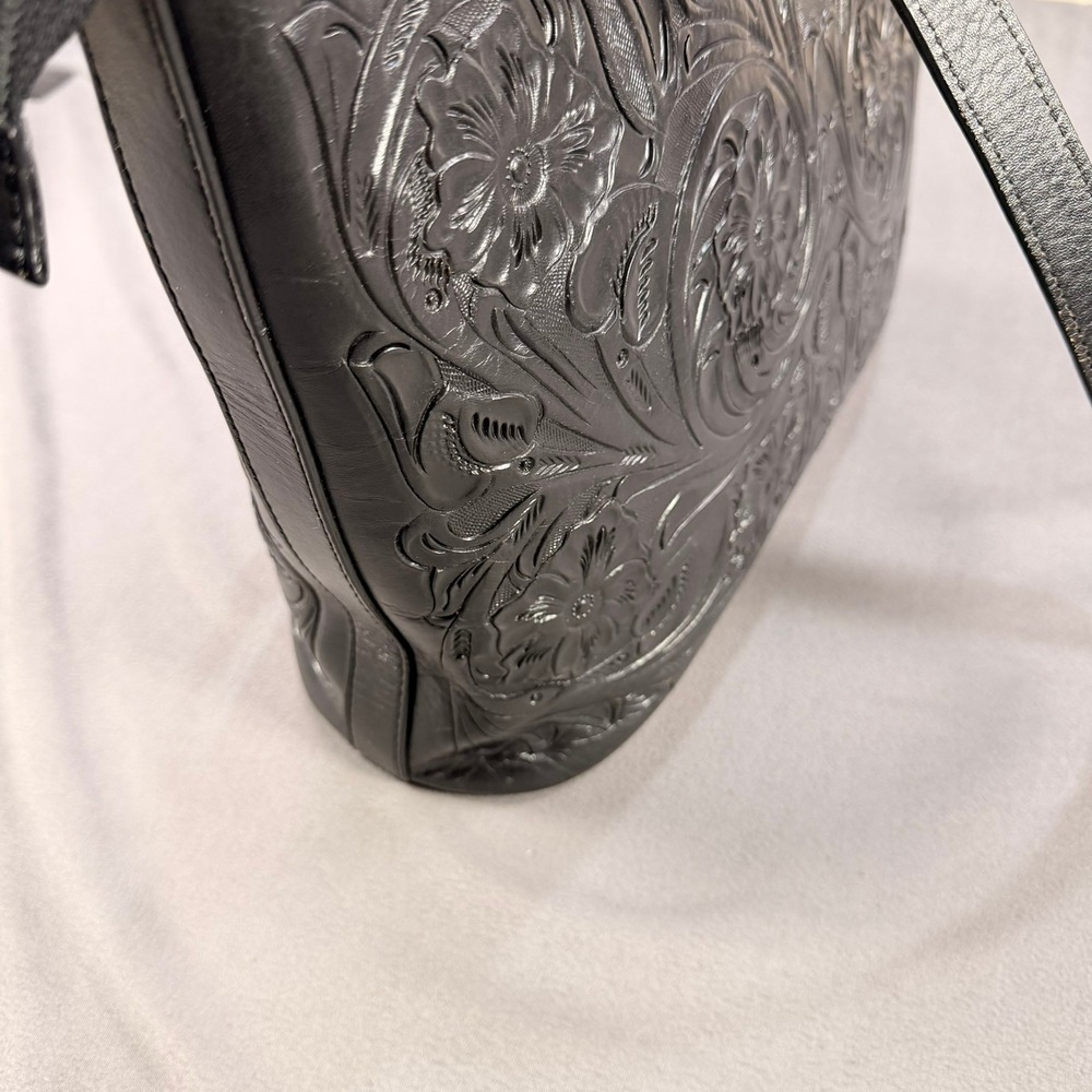 Mauzari Floral Tooled Tote Cowhide Leather Black Medium 14x10 Zip Top Bag - Picture 16 of 16